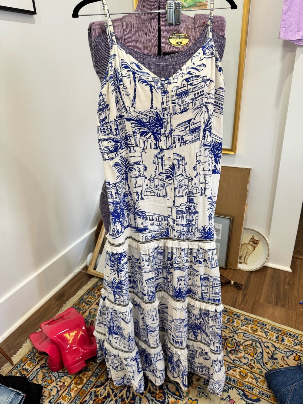 Aqua White Maxi Dress with Blue Scenic beachy boho coastal cottagecore Print
